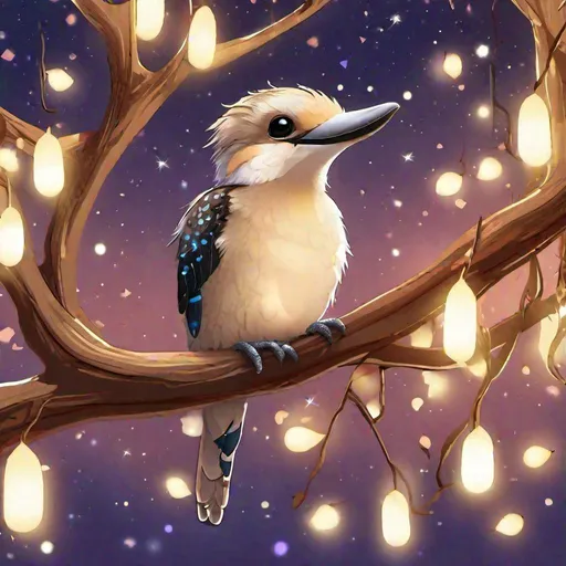 Prompt: A chibi translucent kookaburra that is glowing, in a eucalypt tree with gum nuts, sunrise, beneath the stars, bioluminescent, highres, best quality, concept art