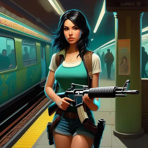 Prompt: Third person, gameplay, young woman, pale olive skin, black hair, dark brown eyes, early 2000s, wielding a AR-15, abandoned subway station, teal atmosphere, cartoony style, extremely detailed painting by Greg Rutkowski and by Henry Justice Ford and by Steve Henderson 