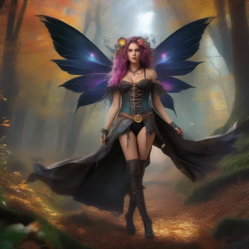 Prompt: Epic. Cinematic. Shes a (colorful), Steam Punk, gothic, witch. spectacular, Winged fairy, with a skimpy, (colorful), gossamer, flowing outfit, standing in a forest by a village. ((Wide angle)). Detailed Illustration. 8k.  Full body in shot. Hyper real painting. Photo real. An (extremely beautiful), shapely, woman with, ((Anatomically real hands)), and (vivid), colorful, (bright eyes). A (pristine) Halloween night. (Concept style art). Rays of light. Lens flares. Celestial.