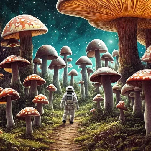 Prompt: astronaut walks trough a mushroom landscape on an alien planet, pretty high detailed
