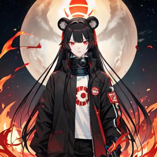 Prompt: Kuma 1male (pale) long black hair) (red eyes) holding a gun, nuclear fallout