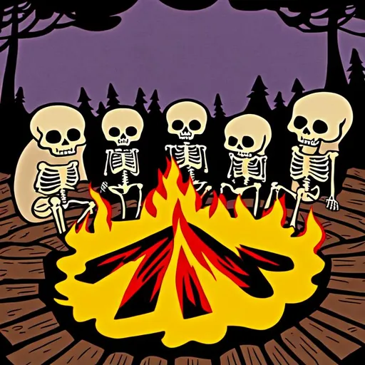 Prompt: skeletons around campfire in the style of adventure time cartoon woodcut