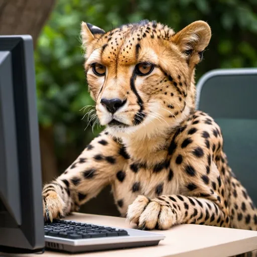 Prompt: Cheetah working on a computer