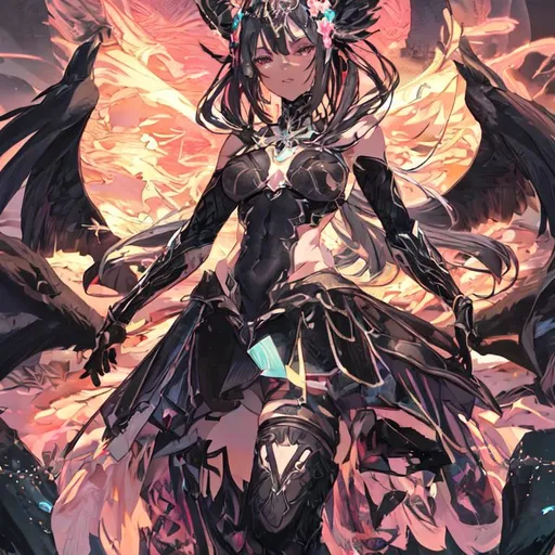 Prompt: UHD, 4K, Highly detailed, insane detail, best quality, high quality, Full Body View Anime Mature Goddess wearing Nordic armor black and pink color pallet, micro detail in body and arms with legs refined tone. Her body with a muscular tone of arms and legs and stomach abs six pack. Showing Nordic tattoos long black as a raven hair and burning eyes, as the sun hot pink eye color ready for battle smiling and grinning. In stunning 4K UHD detail, envision Cell Shade (Full Body View) anime goddess a mature Nordic Victorian goddess who embodies both elegance and strength. Her presence is commanding, radiating an aura of regal authority and ancient wisdom. Standing at an imposing height, her form is a harmonious fusion of Nordic and Victorian aesthetics., remarkable blend of Nordic warrior heritage and intricate Victorian design. Her chest plate and pauldrons are forged from darkened steel, adorned with ornate engravings 