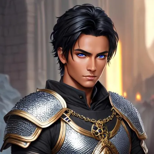 Prompt: oil painting, fantasy, human man, tanned-skinned-male, beautiful, short bright black hair, straight hair, stoic, looking at the viewer, cleric wearing intricate chain mail armor, #3238, UHD, hd , 8k eyes, detailed face, big anime dreamy eyes, 8k eyes, intricate details, insanely detailed, masterpiece, cinematic lighting, 8k, complementary colors, golden ratio, octane render, volumetric lighting, unreal 5, artwork, concept art, cover, top model, light on hair colorful glamourous hyperdetailed medieval city background, intricate hyperdetailed breathtaking colorful glamorous scenic view landscape, ultra-fine details, hyper-focused, deep colors, dramatic lighting, ambient lighting god rays, flowers, garden | by sakimi chan, artgerm, wlop, pixiv, tumblr, instagram, deviantart