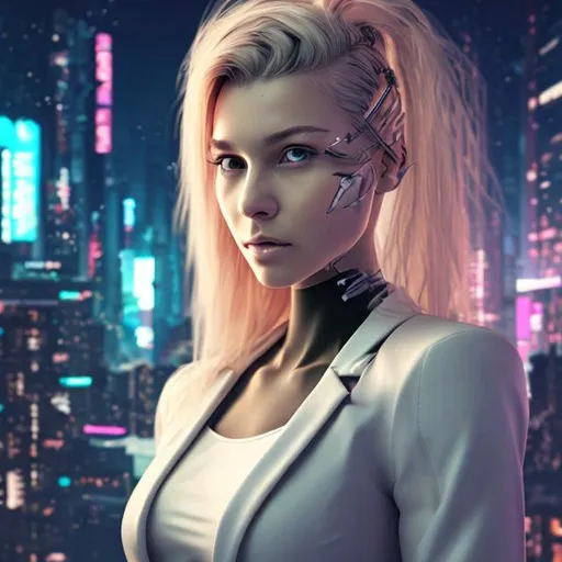 Prompt: realistic corpo young woman with medium  blonde lenght hair background cyberpunk city