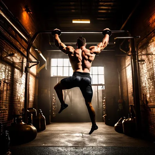 Prompt:  A photo, rear view, man, performing chin ups, on a metal bar, in a dim lit warehouse, metal sparks flying, steampunk, dingy lighting, ultra realistic, warm tones