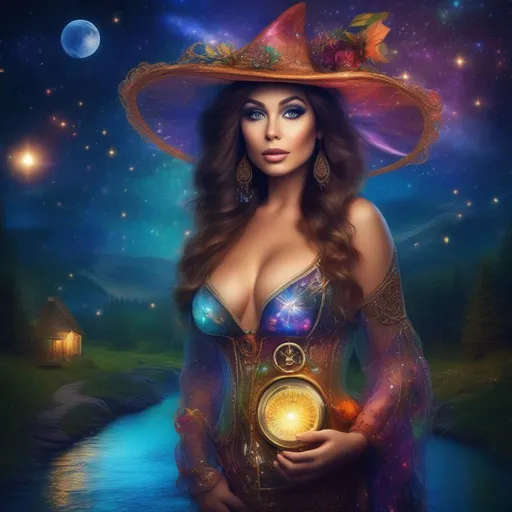 Prompt: Wide angle.  Whole body showing. Photo real. Detailed Illustration. With a very realistic, Very beautiful, buxom woman with broad hips and incredible bright eyes, standing next to a stream on a breathtaking, colorful starry night. Wearing a colorful, translucent, sparkling, intricate, dangling, skimpy, gossamer, sheer, flowing, steam punk, Witch style, fairy outfit with distinct wings. With winged fae flying about.