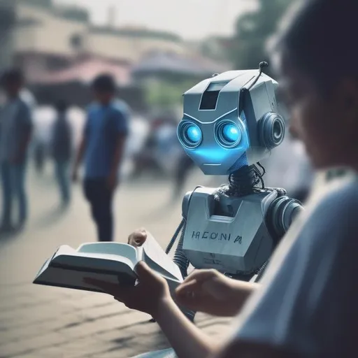 Prompt: A robot reading a book and a humans are focused on looking at handphone, At noon, taken with a dslr camera, wide angle lens, realistic, 4k, pencahayaan natural, Documentary photography style. --ar 4:5