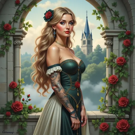 Prompt: This is a highly detailed, digital fantasy artwork depicting a beautiful young woman standing in a romantic, medieval-inspired setting. The woman has long, wavy, blonde hair cascading down her back and shoulders, and she is gazing thoughtfully into the distance. Her skin is fair, and she has a delicate, refined facial structure with full lips and slightly arched eyebrows. She is wearing an off-the-shoulder, dark green dress adorned with intricate red rose patterns and a gold choker necklace. Her right arm is covered in elaborate, black tattoo sleeves featuring floral designs that match the rose motif on her dress.

She stands under an arched, stone window frame, through which a misty, forested landscape and a tall, Gothic-style church with a pointed steeple are visible. The window is surrounded by lush green vines and red roses, adding to the romantic atmosphere. The background is softly lit, with a light blue sky and scattered clouds, enhancing the ethereal quality of the scene. The overall style of the artwork is realistic with a touch of fantasy, featuring detailed textures in the woman's hair, tattoos, and the floral patterns on her dress. The image exudes a sense of timeless beauty and mystique.