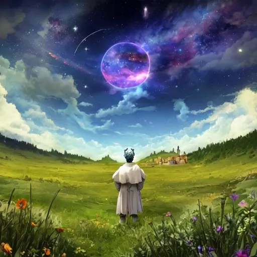 Prompt: A god is looking into space from a meadow planet, there is a medieval town nearby