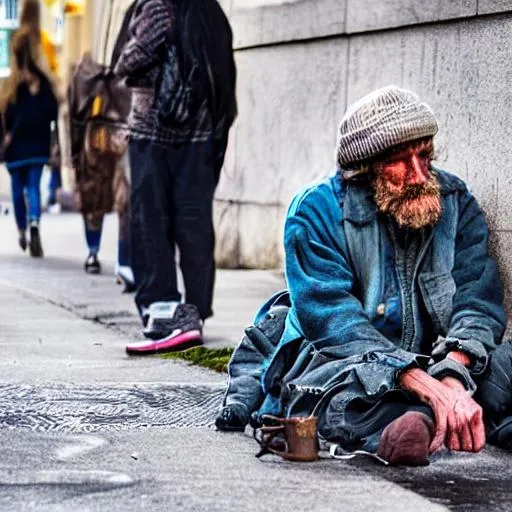 Prompt: Homeless man begging for forgiveness in a run down street style of van gough