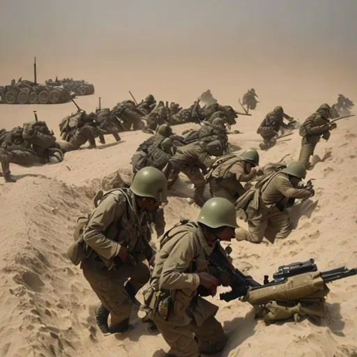 Prompt: guerilla warfare, trench warfare, desert, raid, convoy, scifi, army, large, sand storm