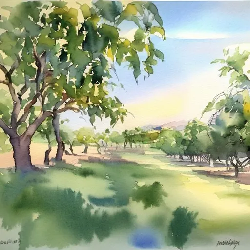 Prompt: Summer afternoon on mango grove in watercolor