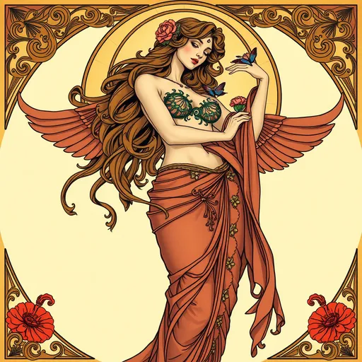 Prompt: Alphonse Mucha Style, art nouveau illustration of a full body woman, thick lines, intricate details, beautiful colors