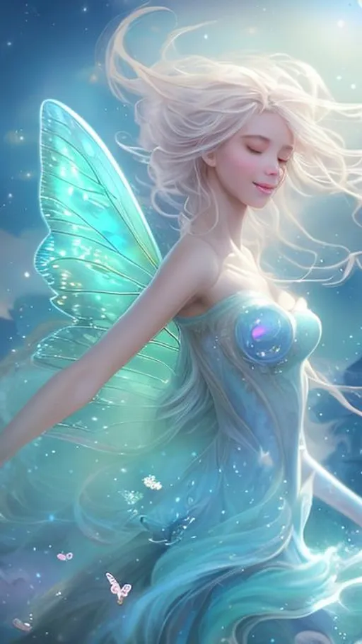 Prompt: Zoom in Portrait Very beautiful air faerie, Sylph (Masterpiece), Closed eyes and smile, group of butterflies, wavy opalblonde hair in the wind, (Masterpiece), fantastic sunlight, gentle white clouds, very beautiful woman, fantasy, beautiful dancing pose, fantastic sky background, realistic butterflies, constellation-like design Dress, in the sky Shining opalblonde hair, cinematic light, beautiful woman, beautiful eyes, long hair, perfect anatomy, very pretty, princess eyes, fantastic, stylised animation, bioluminescent, life size, 32K resolution, human hands, mysterious shape, graceful, almost perfect, dynamic angles, highly detailed, figure sheet, concept Art, smooth, symmetrical, balanced placement, fashion pose, 20s beauty, great hair, overhead space