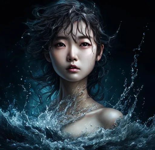 Prompt: High-resolution hyper realistic painting of Japanese Lady,uhd, hdr, 64k, epic scene, crown, upper body, sharp edges, wave dress. river hair, liquid eyes