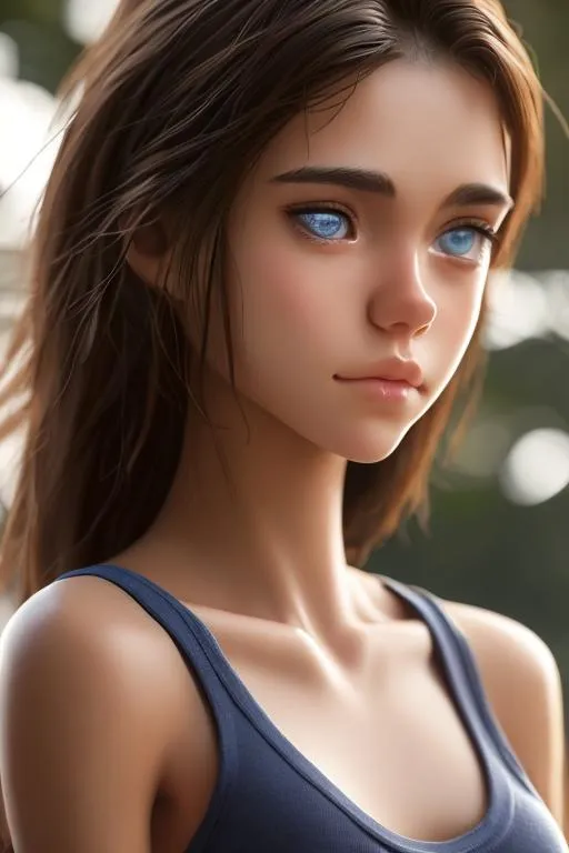 Prompt: Semi realistic girl Brown skin blue eyes and wearing a sport top and baggy pants, bare torso and abdominal, ultra detailed and realistic photo, pretty face, perfect face,dark brown hair, perfect body, looking at the front, face seriously 