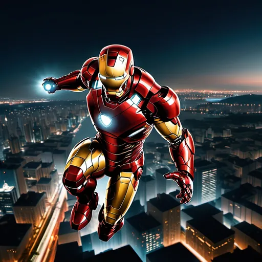 Prompt: Iron Man flying over a cityscape at night.