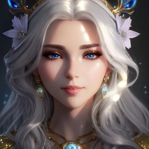 Prompt: Portrait of a Beautiful woman, kidmo face,sparkle face, cute face, beautiful and sparkle blue eyes, intricate silver hair, sparkling, glow, intricate, anime vibes, sun shadow effect, white skin, flat smile, perfect body, perfect eyes, uhd, super detailed, hd, 4k,8k, unreal engine 8k octane,  lighting studio, trending on artstation, oil painting, fractal, perfect composition, full colors, hyperrealistic, Digital art by greg rutkowski, unreal engine, smooth face, 