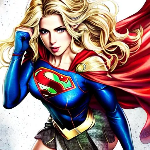 Prompt: cartoon drawing of emily bett rickards as supergirl