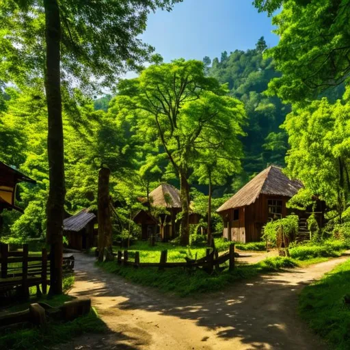 Prompt: Big dark wood village with trail in a lush green forest with beautiful trees, nice daylight, nice weather light blue sky high resolution 4k