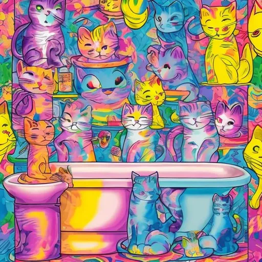 Prompt: Cats in a bathroom in the style of Lisa frank