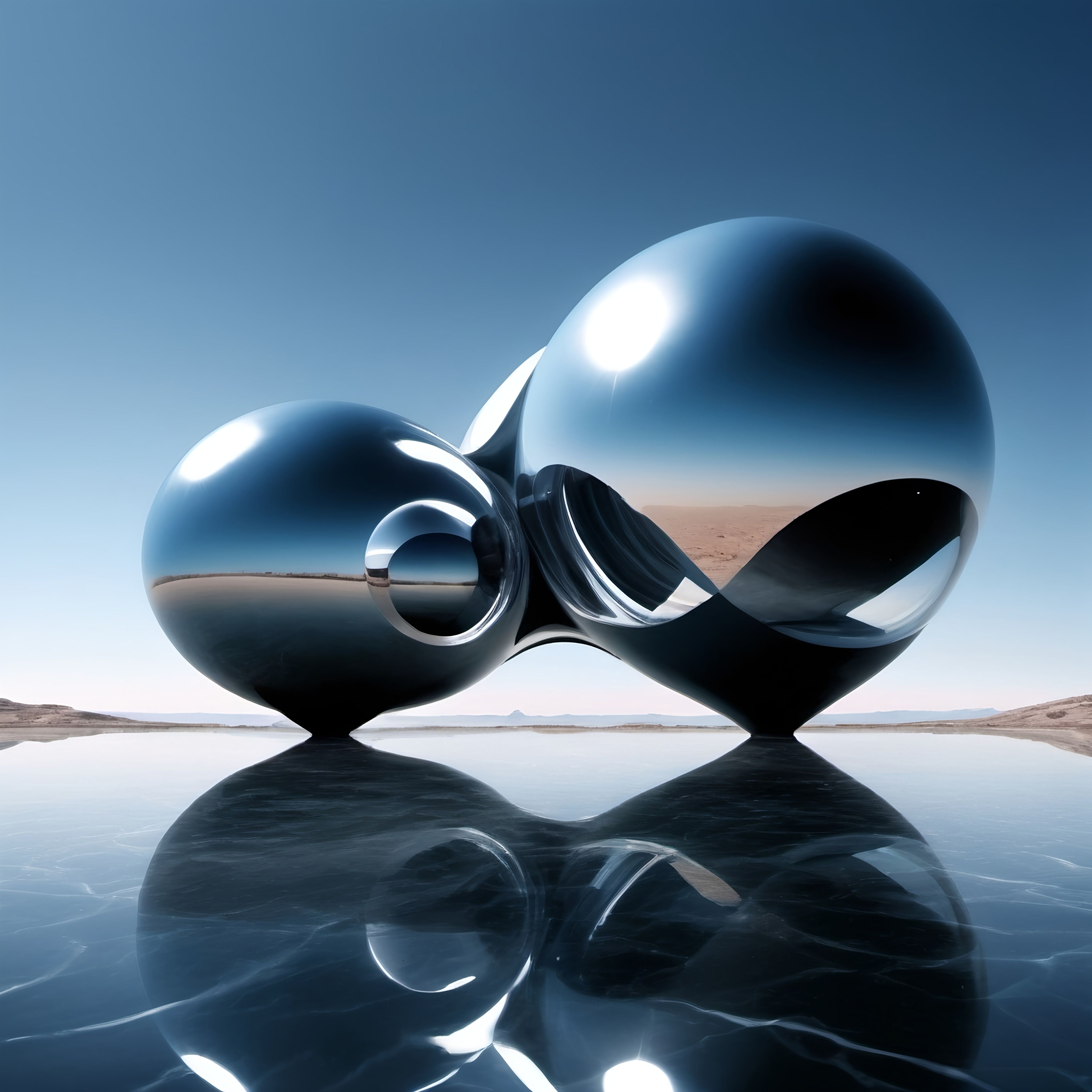 Prompt: a shiny metal object sitting on top of a lake next to a desert landscape with a blue sky in the background