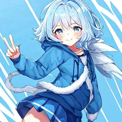 Prompt: female, light blue fluffy hair, with white and blue bunny hoodie, with a fluffy blue school skirt, with the ocean for a background, with a sweet smile