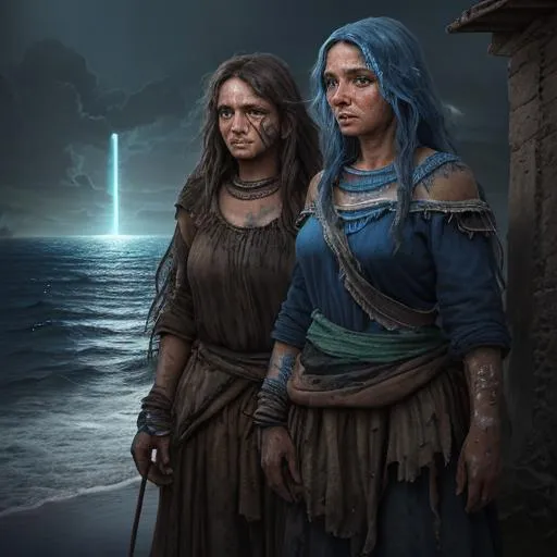 Prompt: highest quality concept art masterpiece, fantasy, digital drawing, photo-realistic, 
dark fantasy, poor Italian, ocean theme, Roma,  long dirty brown hair, two middle-aged ladies of the night, dark worn ragged clothes,  strong blue makeup to hide true identity, blue tattoos, poor, perfect face, dirty, dark, night, mists, village