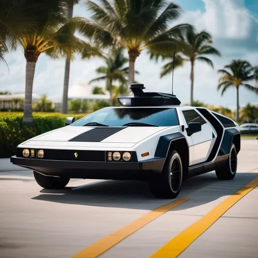 Prompt: A hovercar that looks like a Ferrari DeLorean Humvee Fusion, parked outside, parking lot, Space Miami Background, Planets visible in the background, Palm Trees, closed doors, {{{masterpiece}}}, UHD, 4K, 