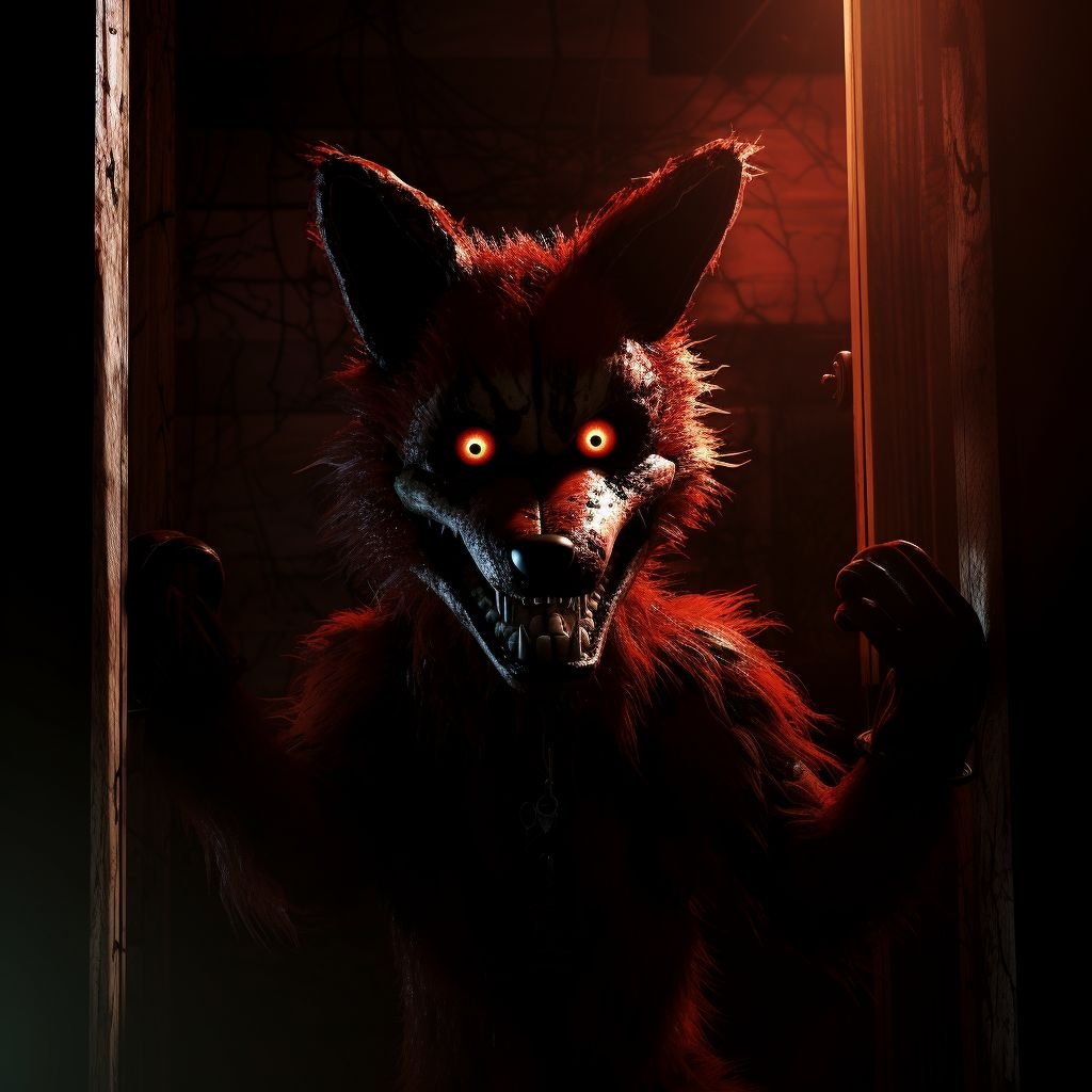 Prompt: foxy from fight nights at Freddy's. Jumping toward you with a full bushy red coat and maroon silky fur and fluff. You can see his red pin point eyes glowing in the dark alley he is in. His arm is a sharp hook and his teeth a long silver daggers. He looks like he's been abandoned for nearly 20 years with a build up of dirt and grim, he's design is in the cute big eye style of pixar. However he is still very scary - and cute.