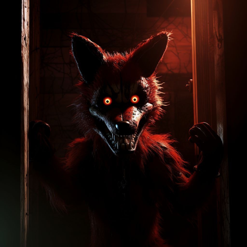 Prompt: foxy from fight nights at Freddy's. Jumping toward you with a full bushy red coat and maroon silky fur and fluff. You can see his red pin point eyes glowing in the dark alley he is in. His arm is a sharp hook and his teeth a long silver daggers. He looks like he's been abandoned for nearly 20 years with a build up of dirt and grim, he's design is in the cute big eye style of pixar. However he is still very scary - and cute.