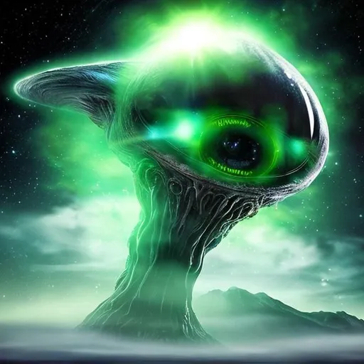 Prompt: giant strange looking alien coming from earth, with starry background, all in green, looking at the mothership