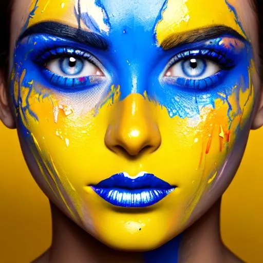 Prompt: face dripping  paint in primary colors, blue eyes, yellow lipstick facial closeup