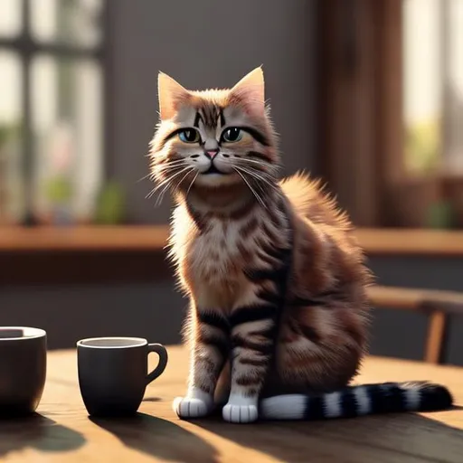Prompt: A cat sitting on a table drinking coffee realistic cute fluffy