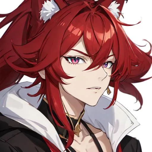 Prompt: Zerif 1male as a cat (Red side-swept hair covering his right eye) UHD, 8K, Highly detailed, insane detail, best quality, high quality, anime style,