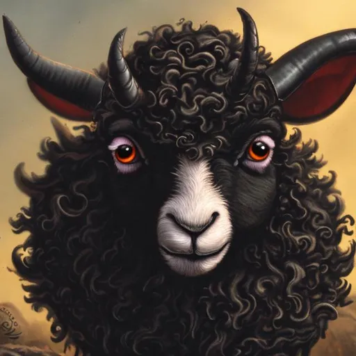 Prompt: a black sheep with devilish eyes and devilish horns.
