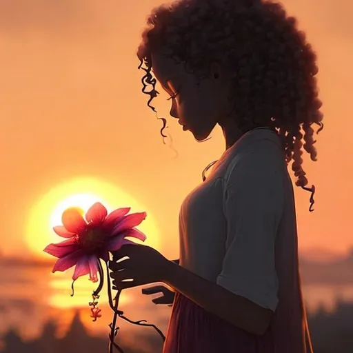 Prompt: A girl with curly hair is looking at the sunset in a sad mood and a withered flower is in her hands and see the son