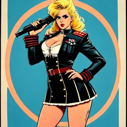Prompt: ilustration like 1980s punk poster

a full body shot, a whole body picture, a blonde curvy girl looks like a working class hero 

accurate proportions, lovely square face, big light blue eyes, narrow nose, narrow red lips, Russian, busty, saggy, big areolas, Soviet uniform

She is wearing German, black SS uniform

She is holding pistol

Pastel colours, centered, approaching perfection, dynamic, highly detailed, watercolour painting, artstation, concept art, smooth, sharp focus, illustration, art by Julie Bell and Boris Vellejo and Luis Rojo