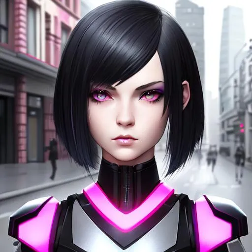 Prompt: cyber punk, insanely beautiful 16 year old girl. pink and black hair. one side shaved bob cut hair.  beautiful deep grey eyes. perfect anatomy. symmetrically perfect face. hyper realistic. super detailed. soft colours. no extra limbs or hands or fingers or legs or arms. standing on the street. pale skin. smooth texture.