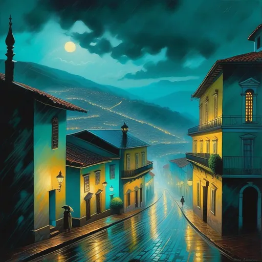 Prompt: Ouro Preto at night, creepy, rain, fog, cold teal atmosphere, cartoony style, extremely detailed painting by Greg Rutkowski and by Henry Justice Ford and by Steve Henderson 

