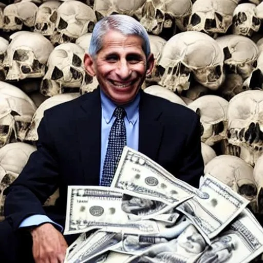 Prompt: anthony fauci, laughing,  holding a big bag of cash, sitting top of a big pile of human skulls