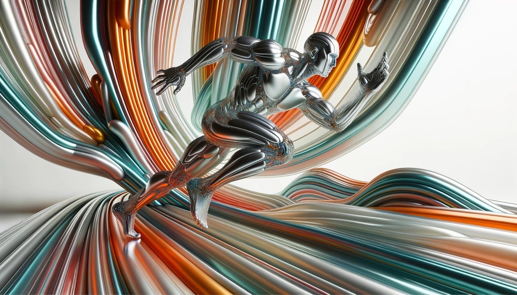 Prompt: 3D art in a wide format where an athlete dashes forward, their form blending with layered fluid glass structures. The ambiance reflects colorful futurism, with silver and orange tones dominating. The backdrop suggests auto body aesthetics with subtle ironies.