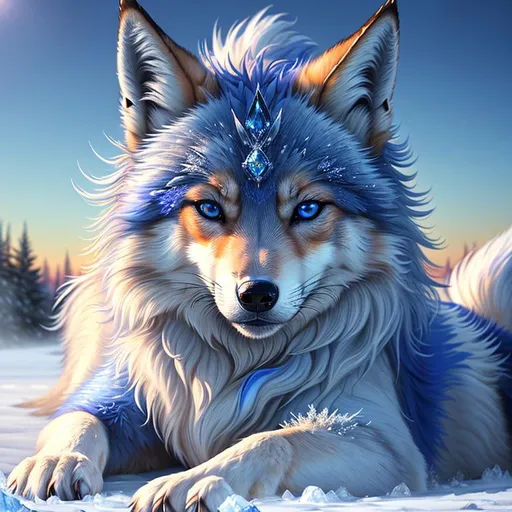 Prompt: (masterpiece, professional oil painting, epic digital art, best quality, highly detailed, UHD:1.5), extremely beautiful ((fox-wolf)), (canine quadruped), female, adolescent, ice elemental, deep blue-silver fur covered in frost, (bashful hypnotic sapphire blue eyes), 8k eyes, sprawled on frosted field, insanely beautiful, gorgeous silver mane covered in frost, (plump:2), by Anne Stokes, by Yuino Chiri, detailed smiling face, finely detailed fur, hyper detailed fur, (soft silky insanely detailed fur), moonlight beaming through clouds, grassy field covered in frost, fluffy fox ears, cool colors, beaming sun, professional, symmetric, golden ratio, unreal engine, depth, volumetric lighting, rich oil medium, (brilliant auroras), (ice storm), full body focus, beautifully detailed background, highly detailed defined furry legs, cinematic, 64K, UHD, intricate detail, high quality, high detail, masterpiece, intricate facial detail, high quality, detailed face, intricate quality, intricate eye detail, highly detailed, high resolution scan, intricate detailed, highly detailed face, very detailed, high resolution