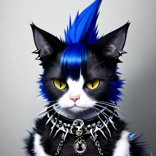 Prompt: 1 highly detailed image of a gothic punk cat with blue mohawk hair (with very long hair and noble), funny masterpiece of the highest quality