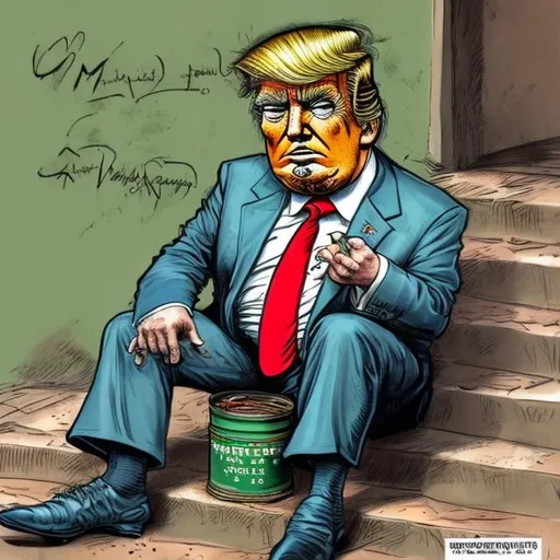 Prompt: Trump-Caricature: Tattered one green dollar note in tattered beggar Trump's rusty tin can, too long red tie + tattered darkblue suit, Trump sitting on court steps, bright colored Sergio Aragonés MAD-magazine style