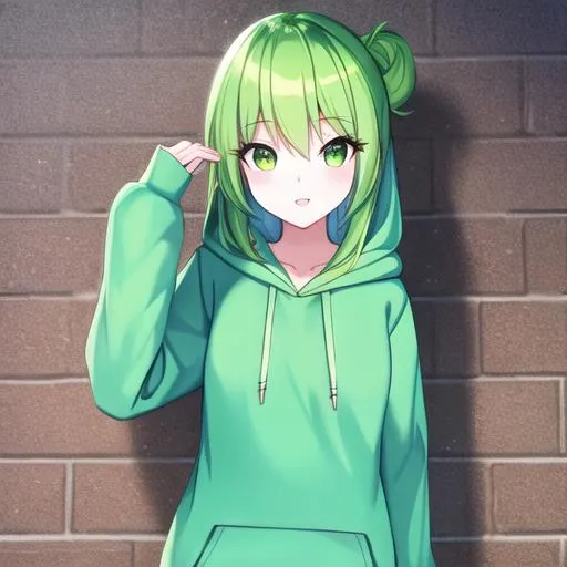 Prompt: Green hair, hd, fantasy, 8k, green eye, beautiful, cool girl, flat, hoodie, headphone 