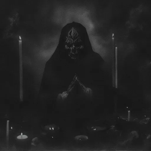 Prompt: High quality artwork for a black metal album. Elegy for the Dead Silent Remains. dead priests praying around the fog. surrounded by candles.