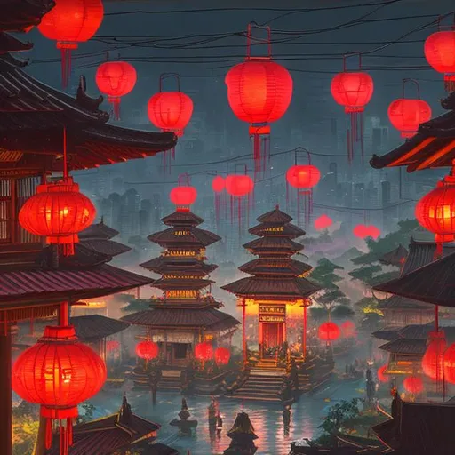 Prompt: A breath taking view of a Balinese temple in the middle of Cyberpunk City with red lanterns (oil painting)